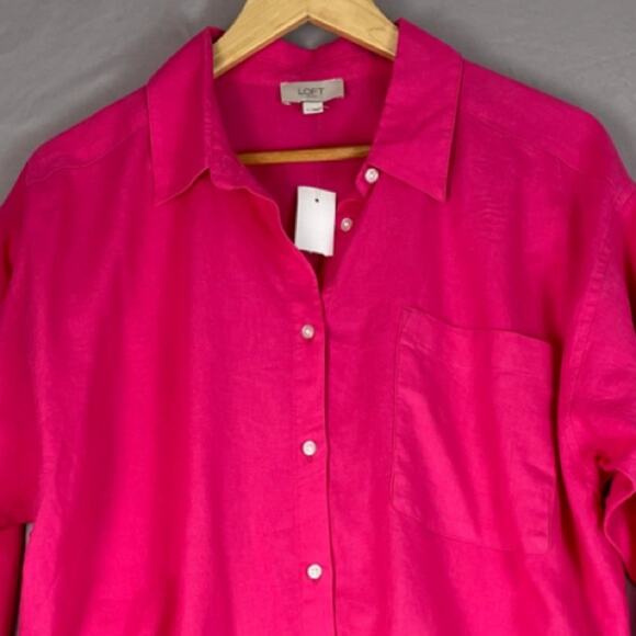 Linen Blend Button Down Tunic Shirt Women Large Pink Relaxed Loft New With Tags - Picture 2 of 8